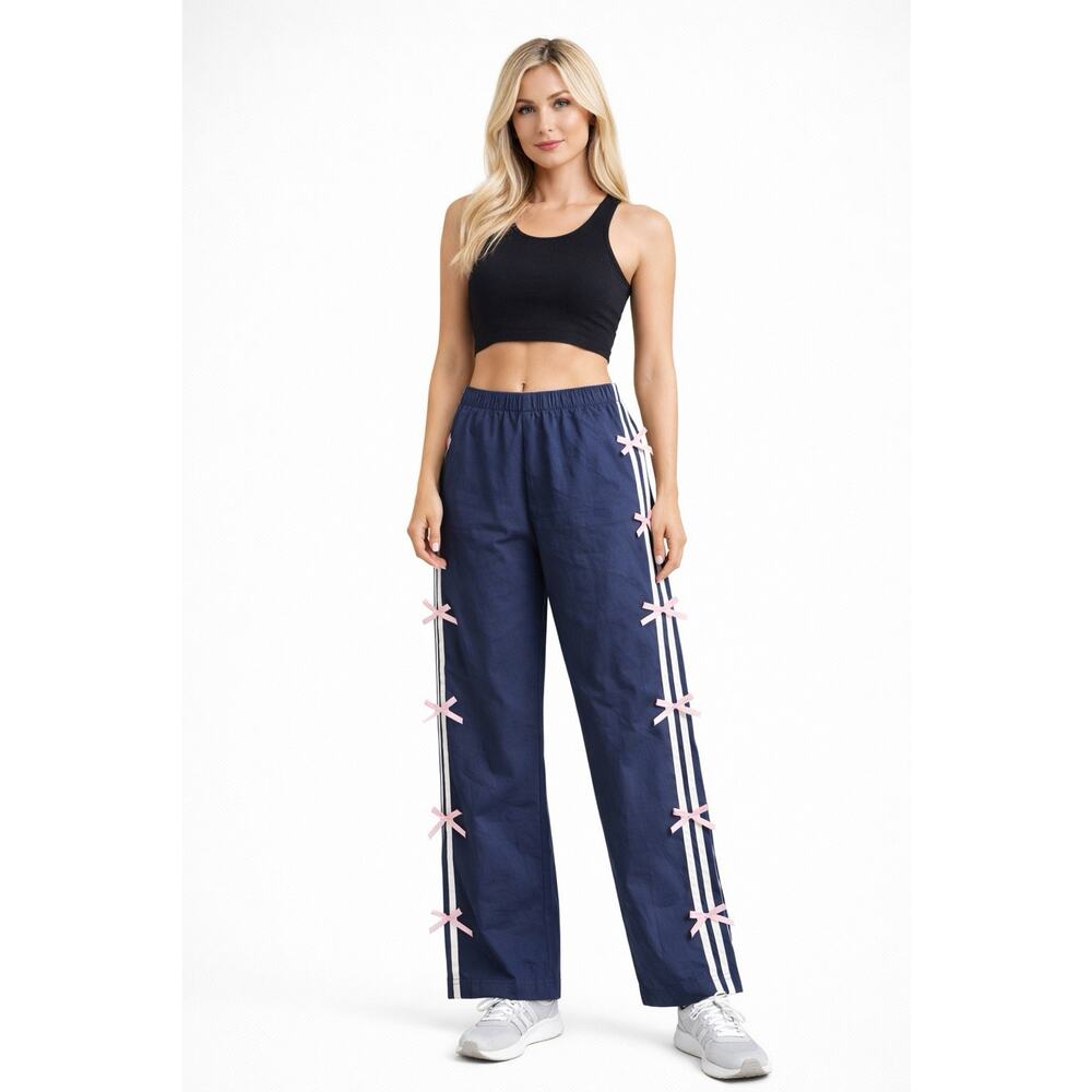 Cult Favorite Wide Leg Pants XS Navy Blue Elastic Waist Drawstring Nylon New